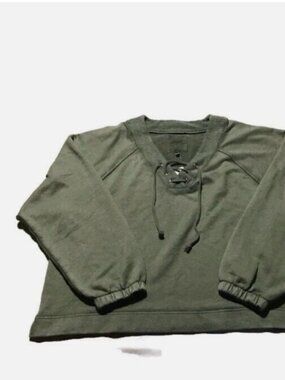 Aerie Women's Lace Up V-Neck Boxy Oversized Sweatshirt- Green XL